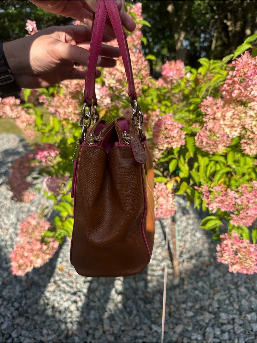 Coach Brown Leather Shoulder Bag with Pink Trim